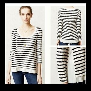 Anthropologie Postage Walkwrite Longsleeve Tee Pleated Inset Navy White  XS